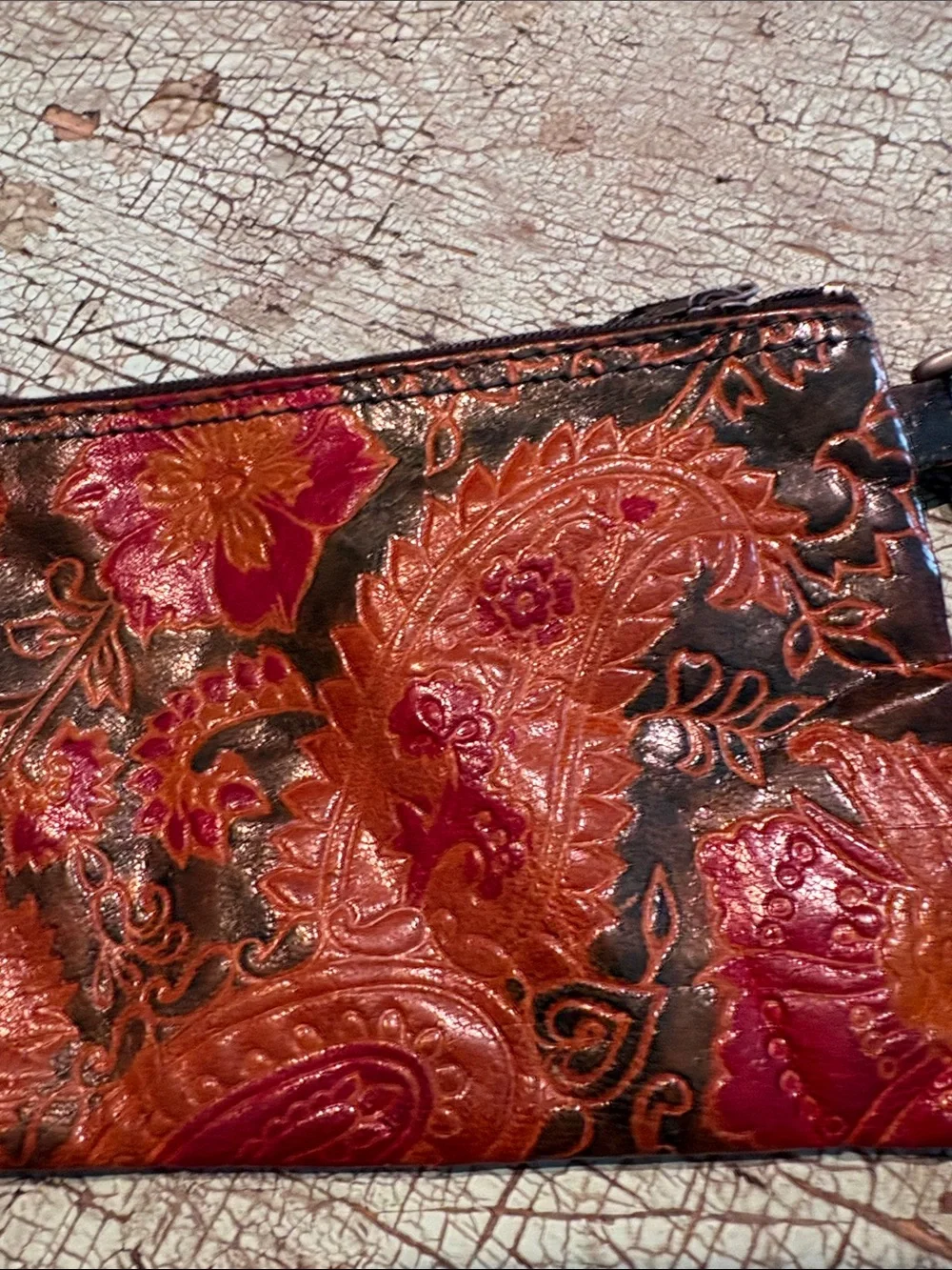 Tooled Leather Floral Paisley Wristlet Coin Purse Boho Western Brown Red Green